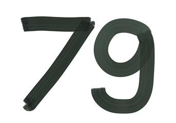Number Seventy-nine, 79 made with Plaster Rake Brush on transparent background, Digit, Black color, Dark-green color, isolated background, Illustration, Typography, Handmade, Set 0-100