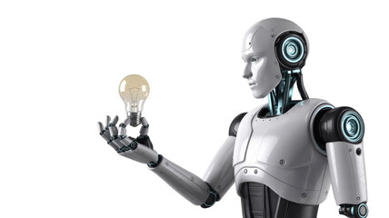 A white humanoid robot, representing artificial intelligence, holds a glowing light bulb, symbolizing new ideas, innovation, and futuristic thinking. background removed