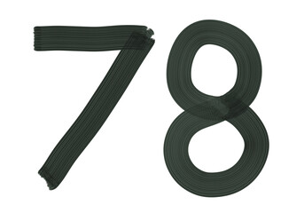 Number Seventy-eight, 78 made with Plaster Rake Brush on transparent background, Digit, Black color, Dark-green color, isolated background, Illustration, Typography, Handmade, Set 0-100