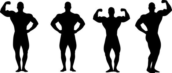 Set of four black silhouette icons representing male bodybuilders posing to showcase muscle definition