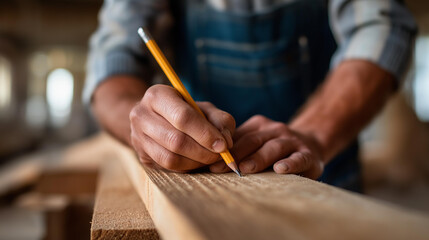Faceless carpenter marking on wooden plank with pencil tool, precision woodworking, professional carpentry measurement, construction planning, home improvement craftsmanship, defoc