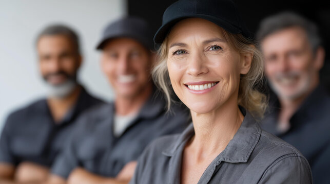 Faceless expert repair technicians unite against dark grey canvas, uniformed professionals embody essence of top-tier repair service team, skilled workforce, maintenance specialist