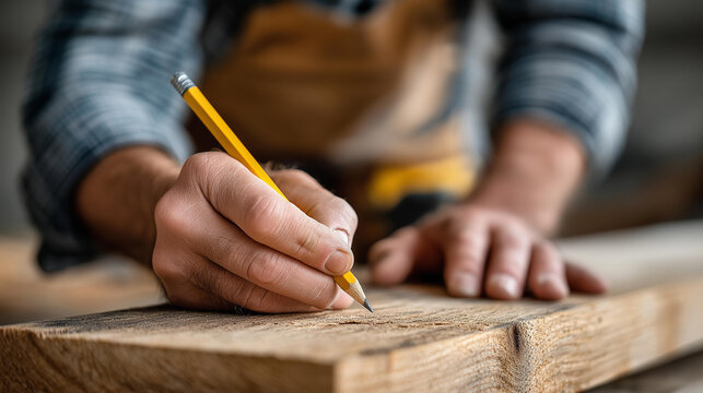 Faceless carpenter marking on wooden plank with pencil tool, precision woodworking, professional carpentry measurement, construction planning, home improvement craftsmanship, defoc
