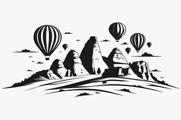 Cappadocia landscapes with hot air balloons sketch illustration vector