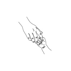 Baby hand holding parent finger continuous line art vector illustration
