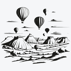 Cappadocia landscapes with hot air balloons sketch illustration vector