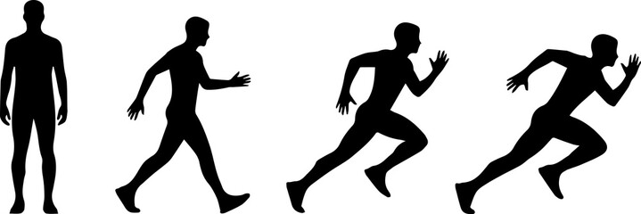 Sequence of male human silhouette showing progression from standing still to walking and finally to full sprint motion