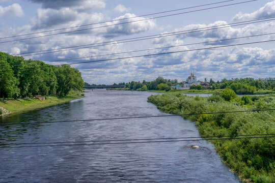Photo of Russian landscape in Pskov oblast with Velikaya river near Ostrov town. stock photo