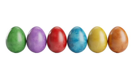 A vibrant line-up of six colorful eggs, including green, purple, red, blue, yellow, and brown, perfectly arranged for Easter or spring themes. background removed