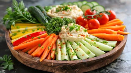 An Appetizing Presentation of Raw Veggies Including Celery and Carrots with a Delicious Yogurt Dip