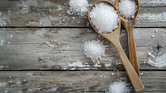 Coarse sea salt crystals in wooden spoons on a rustic wooden table surface.