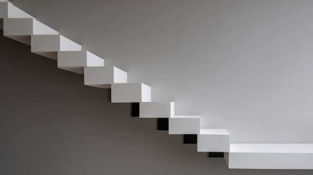 Modern white wall-mounted steps with black risers ascend diagonally against a grey minimalist backdrop,