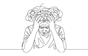 Continuous one line drawing of Depressed man with problem in mind. Hand drawn one line vector isolated on transparent background