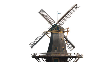 Obraz premium A traditional Dutch windmill with large sails and a national flag at its peak, isolated against a simple transparent background. background removed