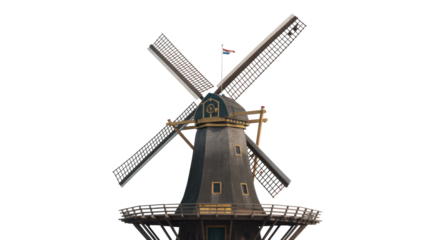 A traditional Dutch windmill with large sails and a national flag at its peak, isolated against a simple transparent background. background removed
