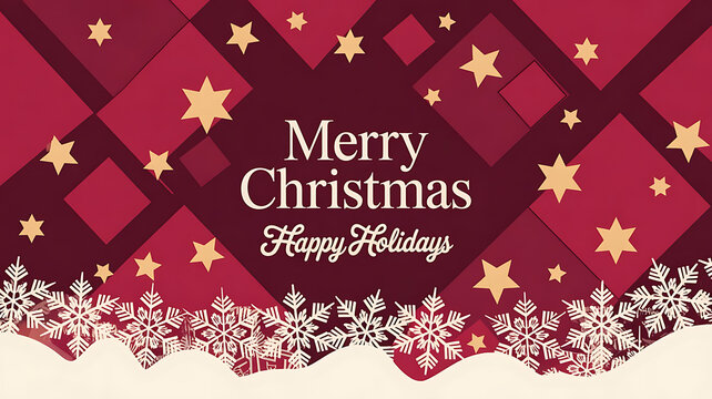 Merry christmas and happy holidays text with stars snowflakes and geometric shapes background