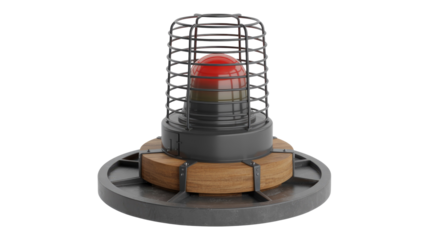 Modern industrial warning light with a red sphere in a protective metal cage, set on a stylish wooden and dark metal base. background removed