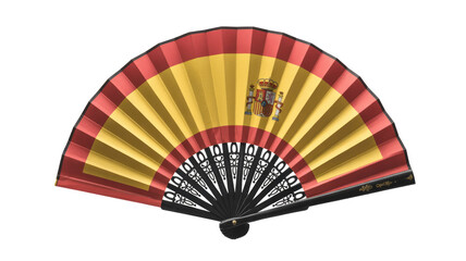 An elegant open hand fan displaying the Spanish flag, featuring vibrant red and yellow stripes with the coat of arms. Cultural accessory. background removed