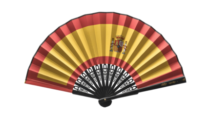 An elegant open hand fan displaying the Spanish flag, featuring vibrant red and yellow stripes with the coat of arms. Cultural accessory. background removed