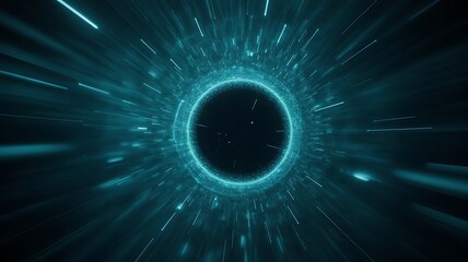 Abstract glowing tunnel with a dark center and streaks of light radiating outward in a dark space