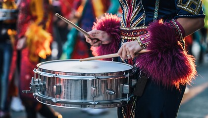 Close up of a drummer in colorful costume playing a snare drum with drumsticks during a vibrant outdoor festival celebration