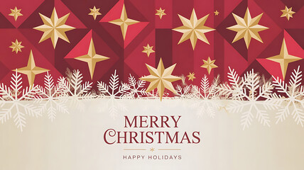 Christmas background with gold stars on geometric red background and white snowflakes