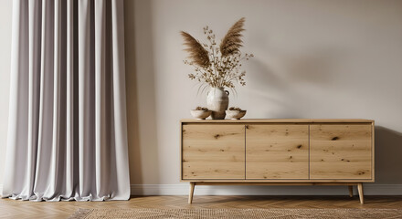 Wooden Sideboard Pampas Grass Vase Neutral Interior Copy Space