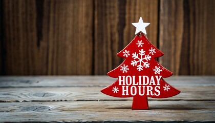 Festive red christmas tree decoration with holiday hours text and snowflakes on a rustic wooden background