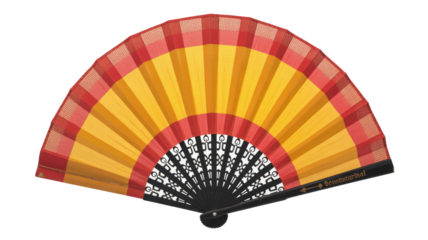 Vibrant red and yellow striped folding hand fan, reminiscent of the Spanish flag, featuring a decorative black and white patterned base. background removed