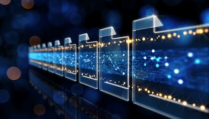 Abstract digital stream of glowing blue data flowing through illuminated futuristic server racks in a dark technological environment