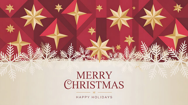 Christmas background with gold stars on geometric red background and white snowflakes - Powered by Adobe