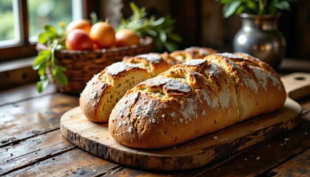 Homemade bread loaf resting on rustic wooden cutting board warm artisan bread loaf positioned on natural wooden cutting board inviting culinary experience