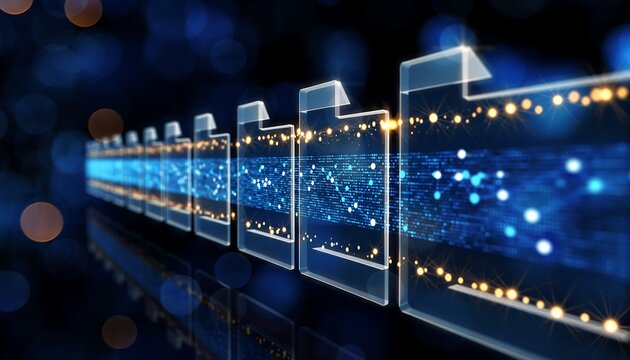 Abstract digital stream of glowing blue data flowing through illuminated futuristic server racks in a dark technological environment