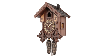 A traditional wooden cuckoo clock with Roman numerals and decorative carvings, featuring two pinecone weights, isolated on a transparent background. background removed