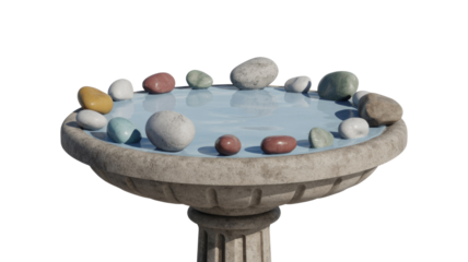 A rustic stone bird bath filled with tranquil water, adorned with an assortment of smooth, colorful river stones on a transparent background. background removed