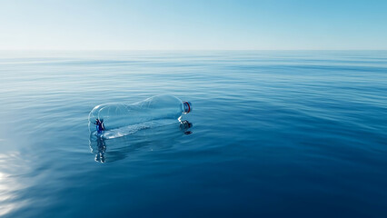 A clear plastic bottle floats on the calm, vast blue surface of the ocean under a clear sky, highlighting marine pollution.