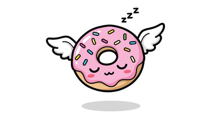 Sweet Dream: a charming cartoon of a doughnut, complete with sprinkles and angel wings, dreams peacefully, radiating cuteness and whimsical charm.
