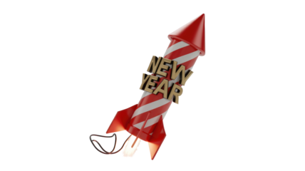 Vibrant red and white striped New Year firework rocket with golden 'NEW YEAR' text, showing a lit fuse and sparkling trail. background removed