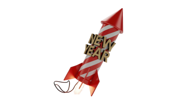Vibrant red and white striped New Year firework rocket with golden 'NEW YEAR' text, showing a lit fuse and sparkling trail. background removed - Powered by Adobe
