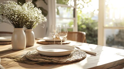 Brightly lit dining table set for a meal with floral centerpiece