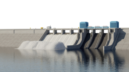 A large hydroelectric dam with water powerfully spilling over its gates, generating clean energy. Essential infrastructure for sustainable power. background removed