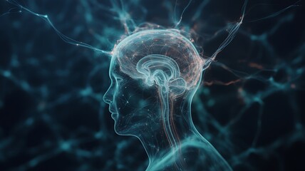 Illustration of a translucent human head with internal structure and neural connections visible