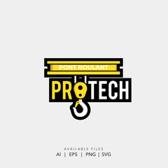 Industrial Overhead Crane and Hoist Logo Vector Design,  Yellow and Black Heavy Machinery Badge with Lifting Hook