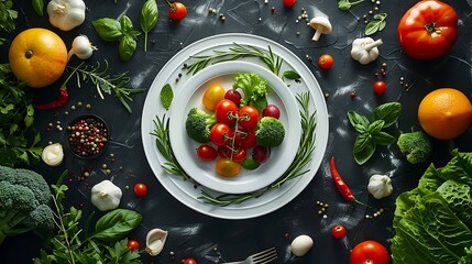 Fresh organic vegetables and herbs arranged artfully on a dark surface