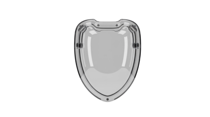 A clear, transparent, shield-shaped protective cover or visor, likely for a device or helmet, featuring visible attachment points on a dark transparent background. background removed