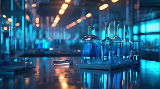Futuristic laboratory with glowing blue liquid in test tubes and bokeh lights