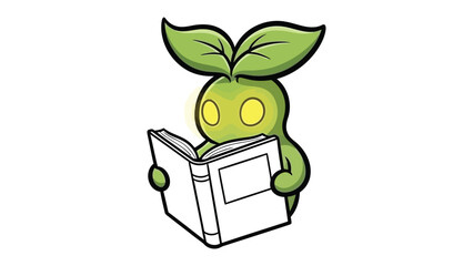 Enlightened Sprout: A whimsical sprout, with leafy ears and glowing eyes, delves into a book, embodying the joy of learning.