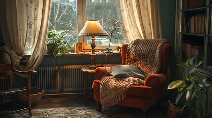 Cozy armchair by a sunlit window with books and a lamp