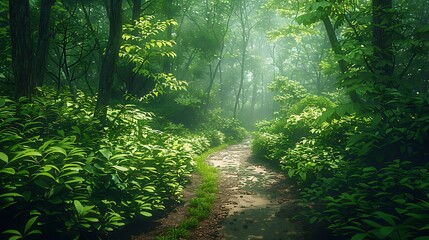 Sunlight filtering through lush green forest canopy onto a winding path