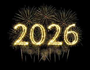 Obraz premium Bright golden sparkling fireworks illuminate the year 2026 against a dark night sky celebrating the upcoming new year
